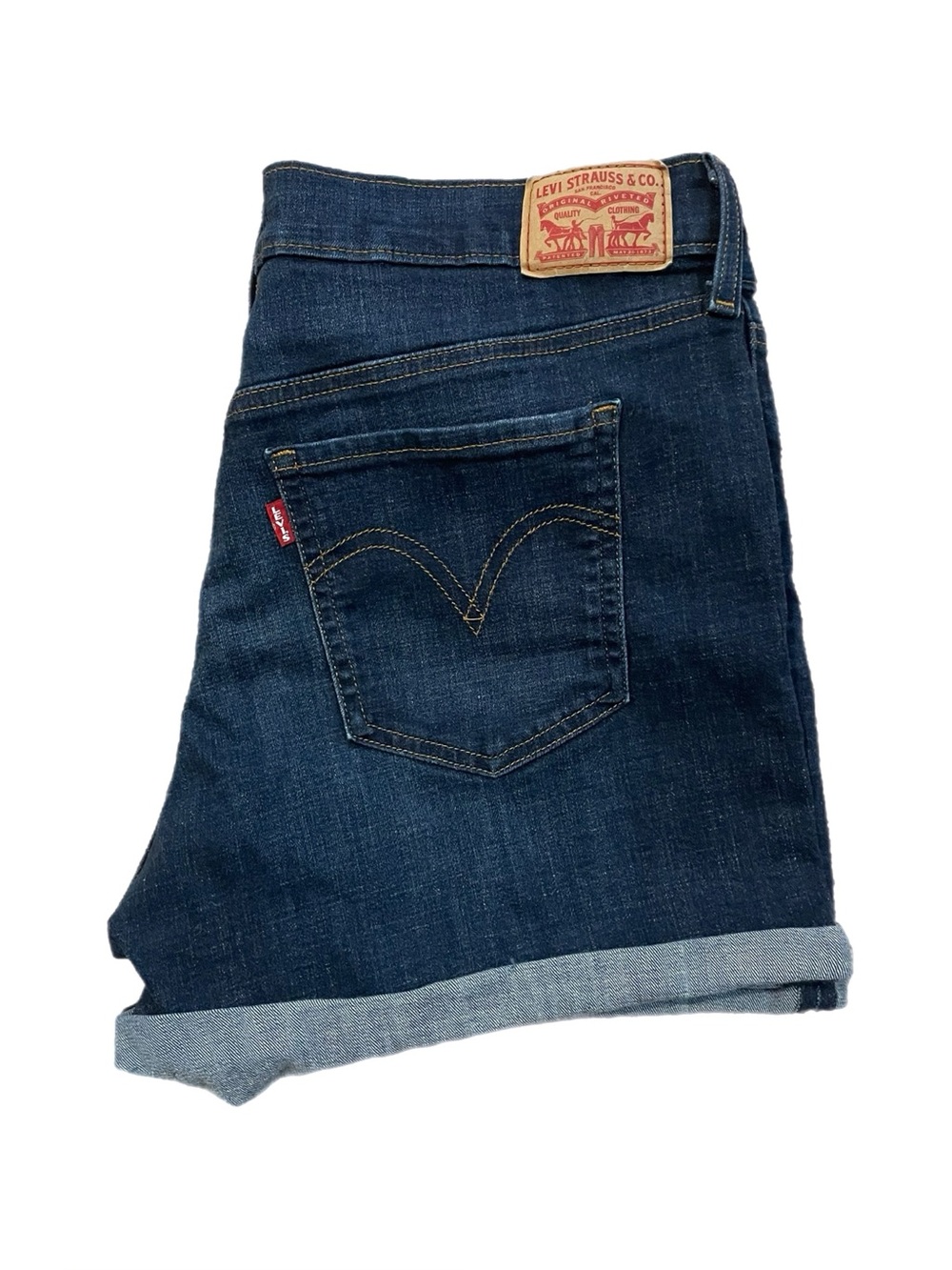 Women Levi’s Mid Length Jean Shorts Blue Dark Stretch Denim Distressed Cuffed 32